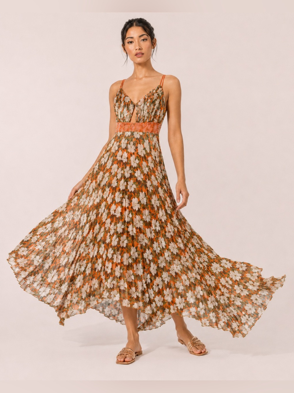 Alice + Olivia Gloria Chain Strap Pleated Maxi Dress Blossom Size 14